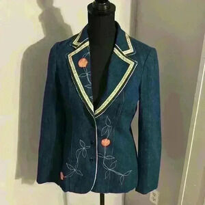 VTG Single breasted fitted blazer lapel gold  trim floral decorative embroidery